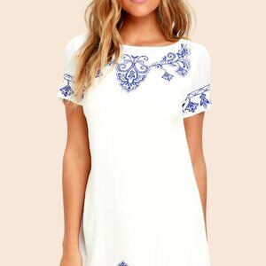 Lulus Tale To Tell Blue And Ivory Embroidered Shift Dress White - Size M